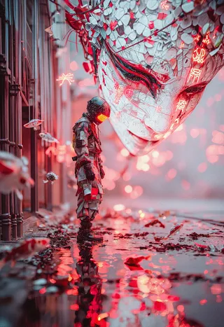 A lone synthetic soldier stands in a corridor under saturated red light, reflected in a shallow pool. Behind is a large fragmented celestial Noh mask face with glitch and kanji symbols.