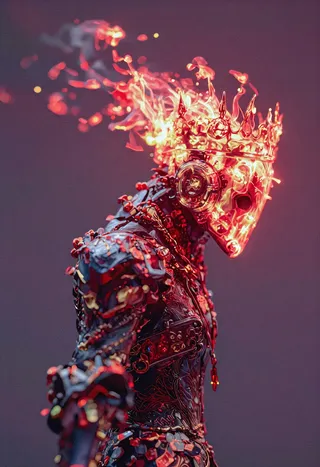 Digital portrait of a headless necromancer wearing ornate royal armor with a burning crown floating above where the head should be, flames forming ghostly expressions and molten gold dripping upward into the air.