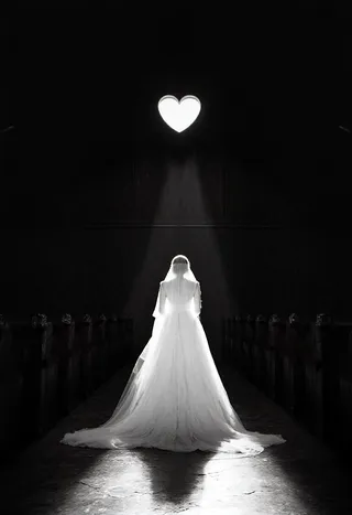 A bride standing alone inside a dark church illuminated by a bright white veil and a faint heart-shaped light above her