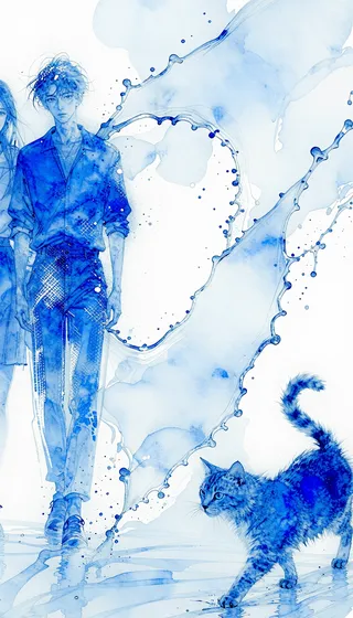 Digital painting featuring two standing human figures on the left and a walking cat on the right, rendered with watercolor and ink splatter effects in shades of blue with abstract water splash elements.