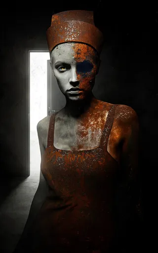 Close-up of a nurse with a face half human and half rust, wearing a rusted nurse cap and uniform, standing in a dark room with a bright door behind.