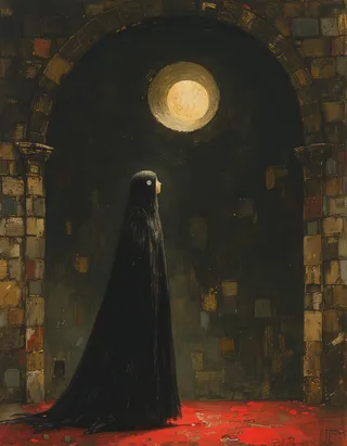 A dark oil painting of a pale gothic princess standing inside a medieval church, bathed in glowing moonlight, done in the styles of Shaun Tan and Rembrandt.