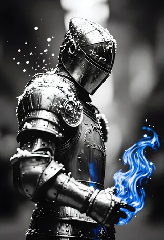 Monochrome knight wearing heavy detailed armor covered in snowflakes, with one arm enveloped in vibrant blue magical spectral fire against a dark background.