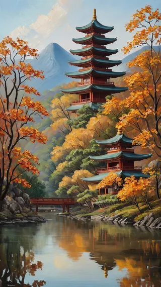 Oil painting of a tall red and blue Japanese pagoda surrounded by autumn trees beside a tranquil river with a red wooden bridge, mountain backdrop in ukiyo-e style.