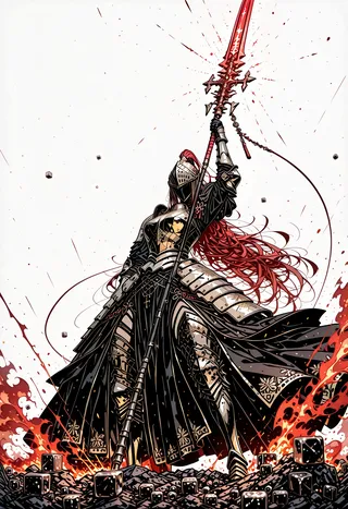 Dynamic illustration of a female knight with long red hair, armored in silver and gold knight armor, holding a spiked battle spear raised high, surrounded by floating cubes and fiery ground effects.