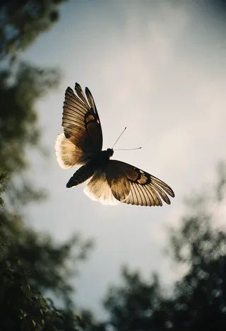 A luminous butterfly captured mid-flight with detailed wings, set against a softly blurred natural background and dramatic cinematic lighting.