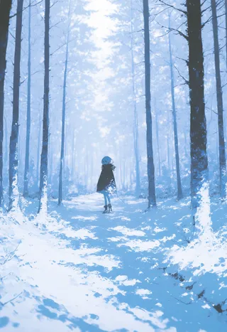 A monochrome high contrast snowy forest path with a lone figure standing amid tall trees, featuring impressionistic style and depth of field effect.