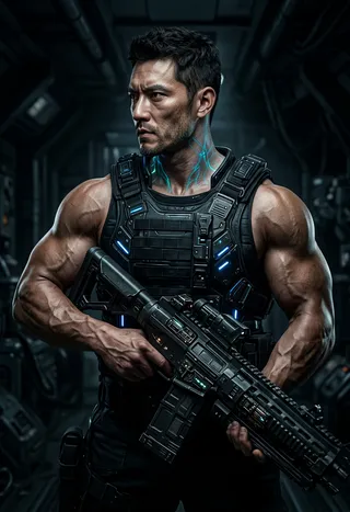 Hyper-realistic portrait of a muscular male soldier wearing futuristic tactical armor with glowing blue cybernetic veins and holding a detailed sci-fi assault rifle in a dark industrial spaceship corridor.