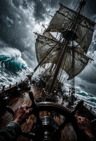 View from the deck of a pirate ship enduring a severe storm with towering waves and tattered sails under a dramatic stormy sky.