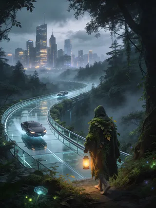 A barefoot stranger cloaked in living moss and leaves holding a lit lantern walks from a bioluminescent forest toward a futuristic glass highway with hovercars and a glowing city skyline under an overcast sky.