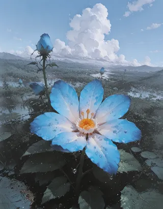 Detailed blue flower with water droplets in a natural landscape under a cloudy blue sky