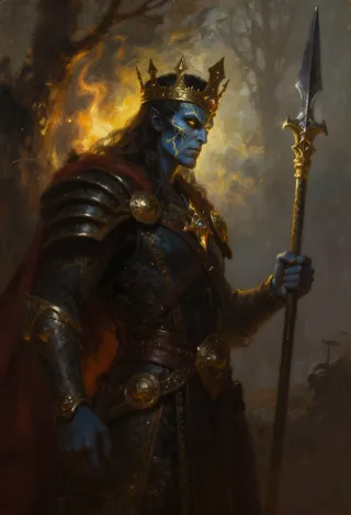 Blue-skinned menacing king with golden crown and lightning-like golden cracks on face, wearing dark ornate armor, holding a sacred spear, glowing yellow flame behind him in a misty forest.