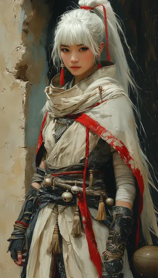 Portrait of a young East Asian female with platinum blonde hair in a high ponytail tied with a red ribbon, wearing a layered cream and red outfit with armored gauntlets, standing against a textured rustic background in soft diffused lighting.