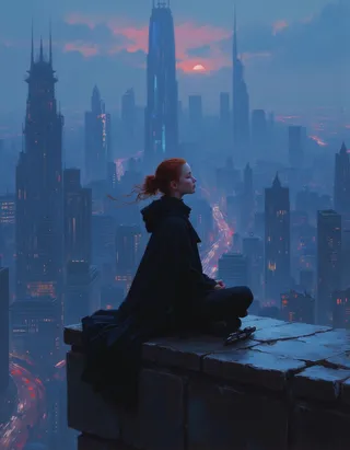 A teenage female Jedi Knight with red hair meditates cross-legged on a high city rooftop at sunset, a lightsaber beside her, with a vast futuristic city skyline in the background.