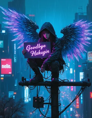 A young cyberpunk angel with glowing metallic wings perches on a power pole in a neon-lit futuristic city, holding a glowing sign that reads 'Goodbye Hakugin' during a rainy night.