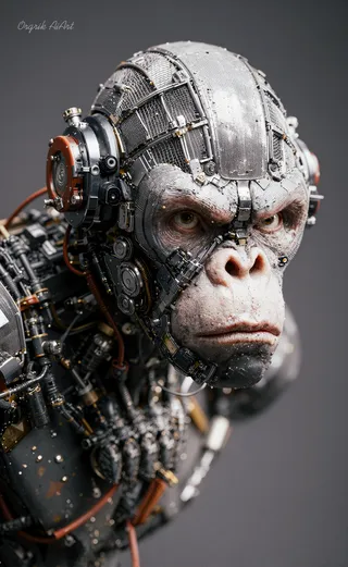 Close-up of an angry pithecanthropus cyborg featuring ultrarealistic metallic joints on body and face, plastic eyes, mechanical neck, and high-tech headphones.