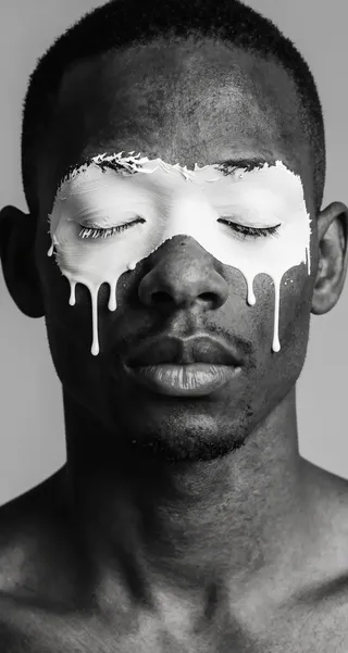 Close-up black and white portrait of a Black man with eyes closed, white paint dripping across his face like a mask, set against a plain grey background.