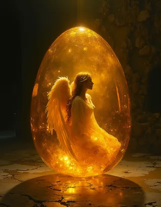 A glowing amber egg containing a serene angel with white gold wings, floating in a dim cavern with warm golden light and detailed reflections.