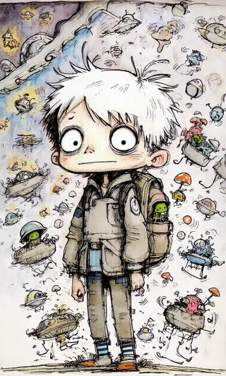 A lanky boy with white messy hair and wide eyes stands in an alien junkyard surrounded by odd-shaped spaceships, robotic creatures, and floating glowing toadstools, illustrated with loose expressive lines and watercolor splashes.