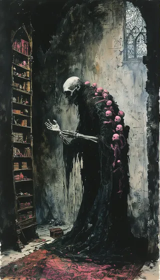A skeletal, gaunt female figure with pale translucent skin stands in a dark gothic chamber, draped in tattered shadow-like garments, surrounded by small pink cherub dolls clinging to her back, with arcane symbols on the walls and a stained-glass window above.