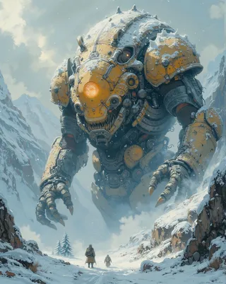 A colossal mecha-golem covered in snow stands in a snowy mountain pass with two explorers at its feet, ancient runes faintly pulsing on its metallic body during golden hour.