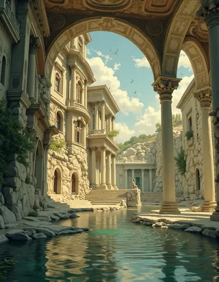 A serene neoclassical architectural scene featuring large stone columns, a grand archway, Renaissance-style buildings, and calm water reflecting the classical structures under a blue sky.