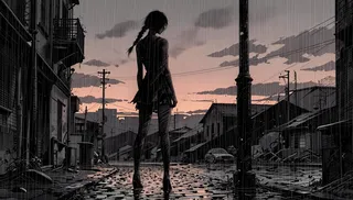 A solitary woman silhouetted against a twilight sky with rain falling on a wet cobblestone street in a graphic-novel style urban setting.