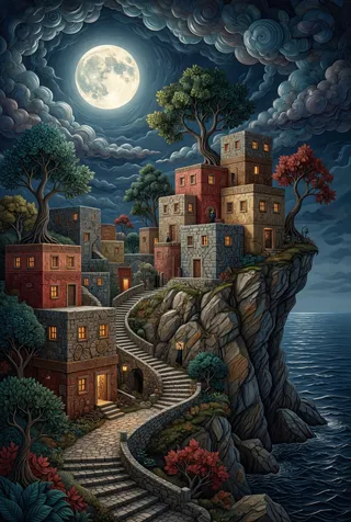 A detailed fantasy cliffside village at night with stone buildings illuminated by warm windows, winding stone staircases, lush stylized trees, a large full moon, swirling textured clouds, and a dark ocean view.