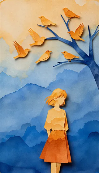 Precision-cut paper silhouette of a young woman in warm ochre and burnt orange tones with a deep cerulean paper branch hosting five ochre birds, layered over a gradient watercolor background from pale amber to deep indigo.