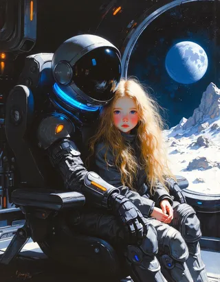 A futuristic astronaut in a sleek space suit holding a young girl with long golden hair inside a high-tech space station on the moon, with a large window showing the lunar surface and Earth in the background.