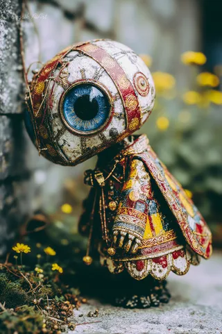 Highly detailed insect sculpture with a large blue eye, ornate red and gold patterned cloak, and a textured earthy body standing against a natural background.
