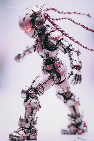 A highly detailed futuristic cyborg robot with pink metallic armor and braided hair, featuring glowing red lights and mechanical joints.