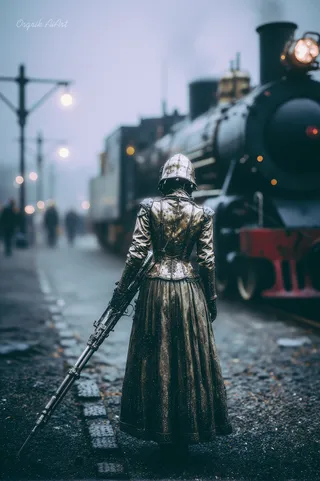 A person dressed in an ornate metallic steampunk outfit stands on a foggy cobblestone platform holding a detailed gun, with a vintage steam train in the background.