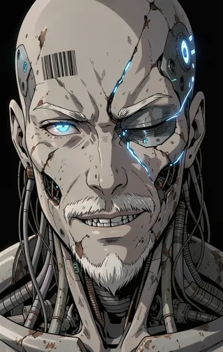 Close-up of a weathered cyborg with a half-mechanical face, glowing blue eye, barcode tattoo on his temple, white beard, and rusted mechanical parts, set against a black background.