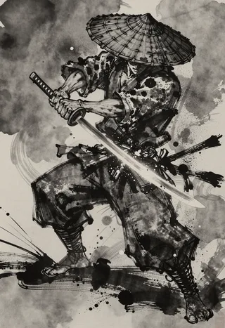 Expressive ink painting of a samurai wielding a katana, wearing a wide traditional straw hat, mid-strike with dynamic ink fragmentation and bold brush strokes.