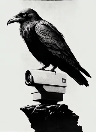 Black and white digital illustration of a large raven perched on a security camera placed on a jagged rock, blending natural bird features with surveillance technology.