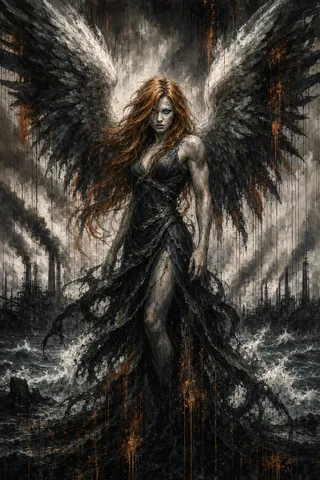 Expressive dark fantasy painting of female archangel Uriel with copper hair, glowing blue eyes, powerful wings, standing in a post-apocalyptic industrial sea environment with dramatic lighting.