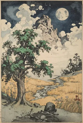 A vintage woodblock print depicting a mystical mountain landscape at night with an ancient oak tree on the left, a winding stream flowing through golden grass, towering craggy mountains in the background, a luminous full moon, and dense cream-colored clouds against a dark, starry sky.