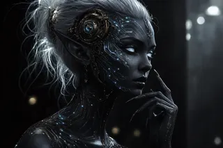 Close-up photorealistic profile portrait of a dark elf female with deep charcoal-black skin, glowing blind white eyes, messy white ponytail, and intricate cybernetic Victorian-style filigree port and glowing circuitry.