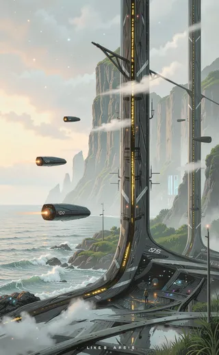 A surreal sci-fi scene featuring sleek futuristic spacecraft flying near tall mist-covered cliffs overlooking ocean waves, with lush greenery and dramatic coastline under a cloudy sky.
