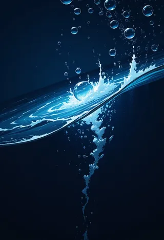 A deep ocean underwater scene with dark blue water, bubbles rising upward, and a dynamic white water splash illustrated in flat colors.