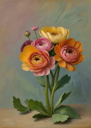 Impressionist style painting of Ranunculus flowers with vibrant yellow, orange, and pink layered petals, thin textured stalks, serrated clustered leaves, and soft pastel background.