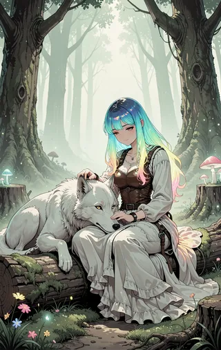 Anime-style image of a girl with long rainbow hair sitting cross-legged on a mossy log, gently petting a large white wolf resting its head in her lap, surrounded by an ancient foggy forest with glowing mushrooms.