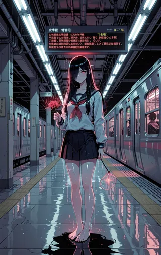 Anime girl standing barefoot on an empty subway platform at 3AM, wearing a sailor uniform and holding a red spider lily, with holographic glitch effects and flickering fluorescent lights.