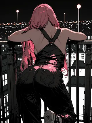 Back view of a woman with long pink hair leaning over a metal railing wearing black overalls and black Converse sneakers against a night cityscape with street lamps and bokeh lighting.