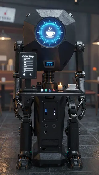 Black futuristic hexagonal robot standing in a cafe, featuring a blue circular screen displaying a white coffee cup icon, a digital menu board, a lit candle, and a coffee cup on a tray.