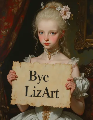 A delicate teen duchess with platinum blond hair and blue eyes in a tightly corseted Rococo dress, holding a worn sign that says 'Bye LizArt' inside a Victorian bedroom, painted in a detailed oil painting style inspired by Rembrandt.