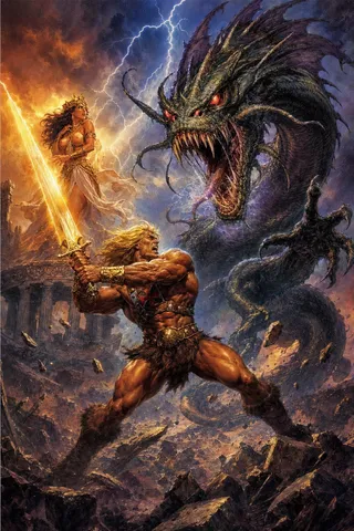 Massively muscular heroic barbarian with bronze skin and flowing blonde hair swings a glowing broadsword in combat against a colossal serpentine jabberwocky dragon beneath a stormy sky, while a regal callipygian queen looks on from broken stone ruins.