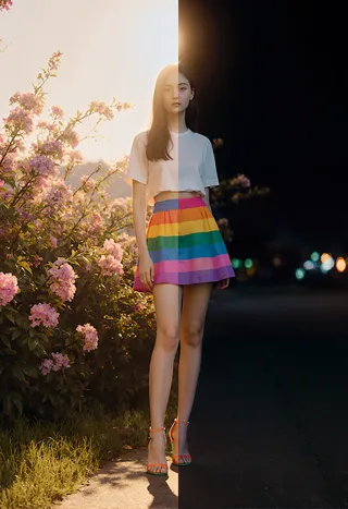 A young woman wearing a vibrant rainbow-colored skirt and high heels stands divided between blooming flowers in daylight and a dark, cinematic night background.
