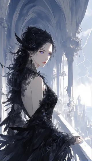 A dark fantasy portrait of Yennefer of Vengerberg standing on a gothic balcony during a storm, featuring her in a black feathered gown with violet eyes and flowing raven-black hair.